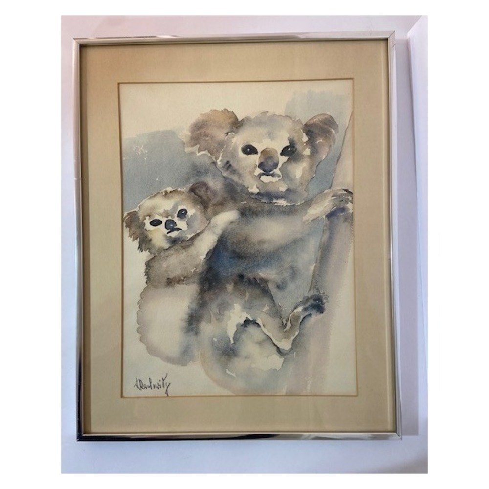 Signed Original Watercolor Painting Koala Mom and Baby Framed Wall Art